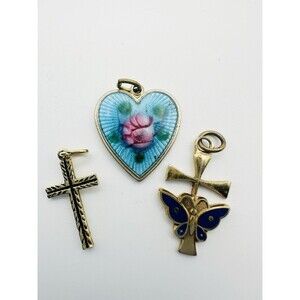 Vintage Gold Tone Enamel Heart Cross Pendant Charm Lot